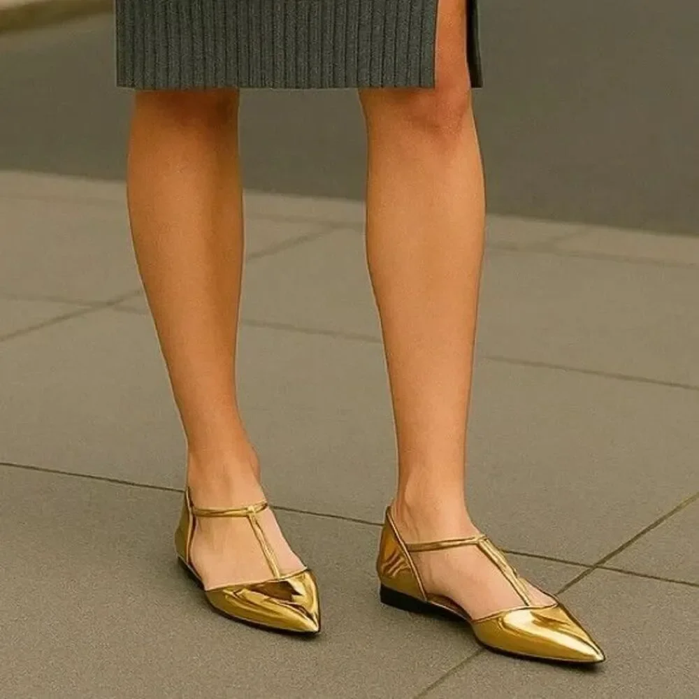 Worthington Kendie Gold Metallic Flats Women’s Size 8 M Pointed Toe Ankle Strap